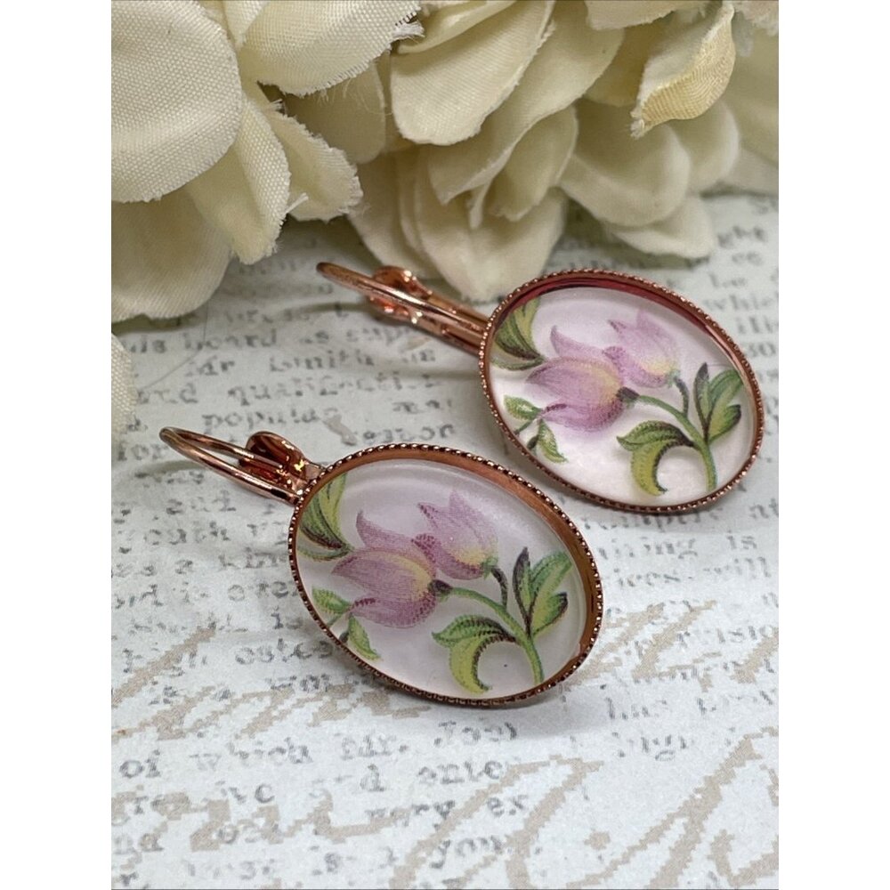 Rose gold Pink Tulip Frosted Gift Boutique Wire Cameo Earrings Wedding Flower